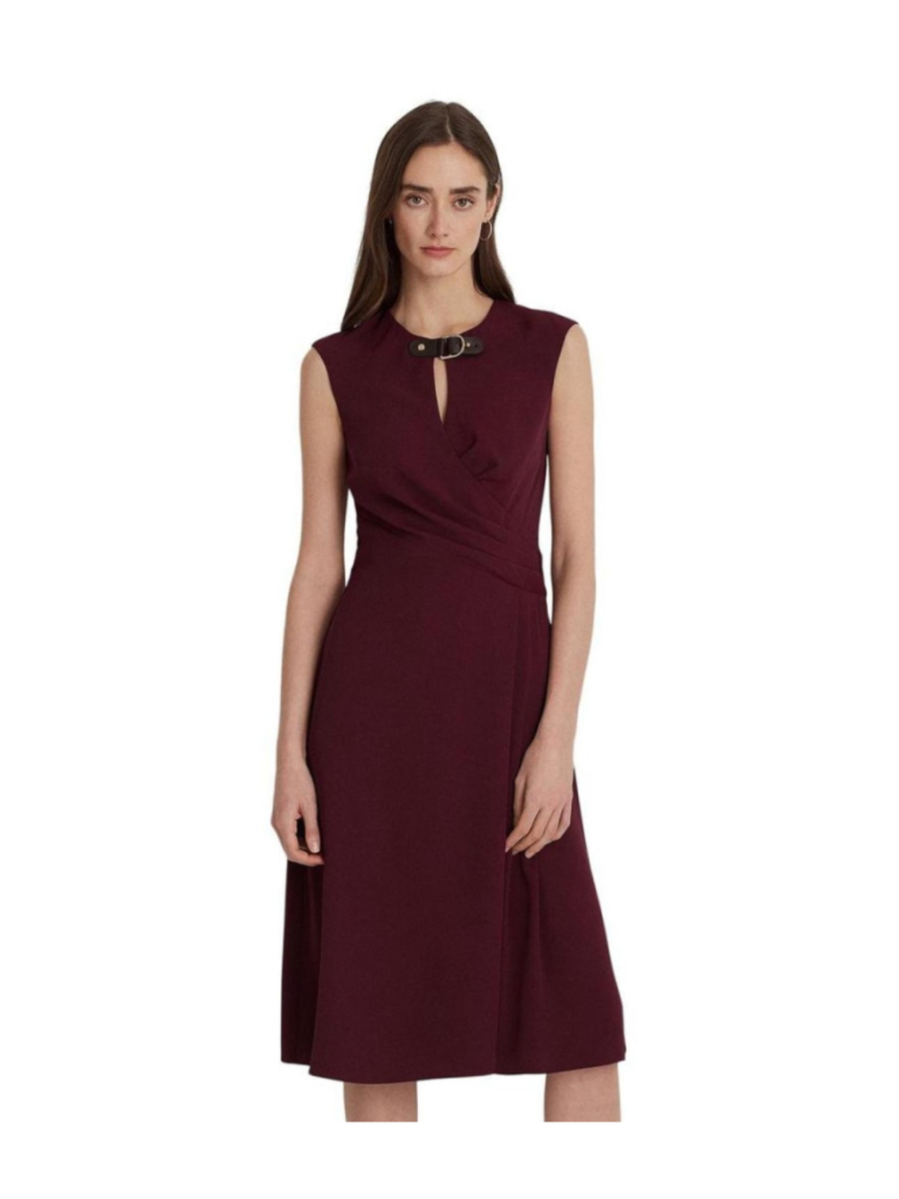 Lauren Ralph Lauren Buckle Trim Dress Mudberry Georgette Faux Wrap Sz 16 Classic